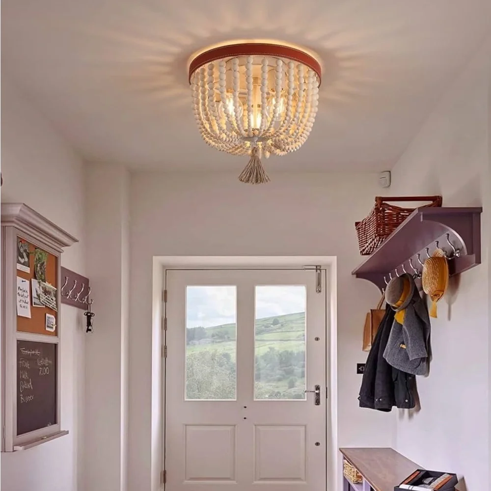 NEW Boho Wood Beaded Flush Mount Ceiling Lights Chandelier Fixture - Picture 8 of 10